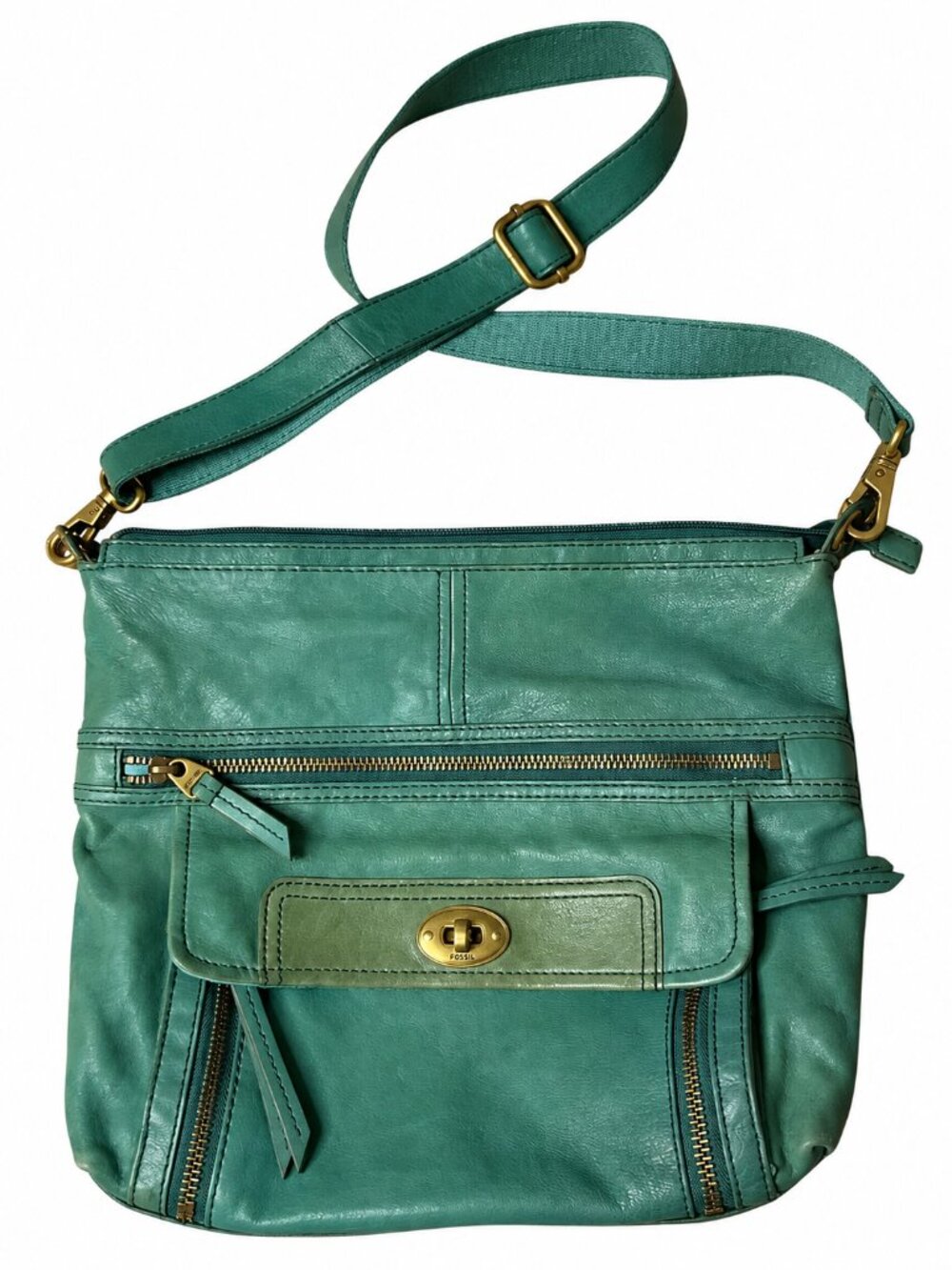 Fossil Teal Green Leather Crossbody Bag Brass Turnlock Multi Pocket Purse